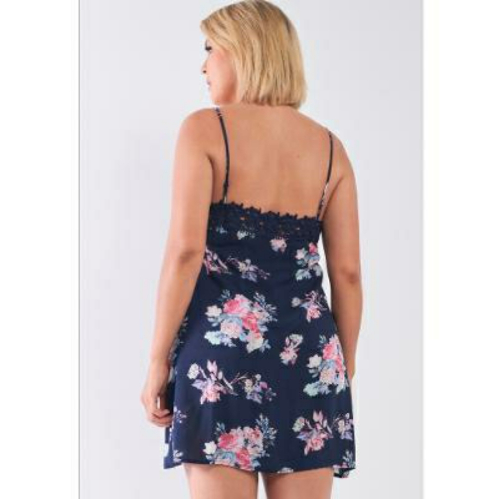 Plus Size Feminine Chic Navy Floral Slip Dress - Picture 3 of 4